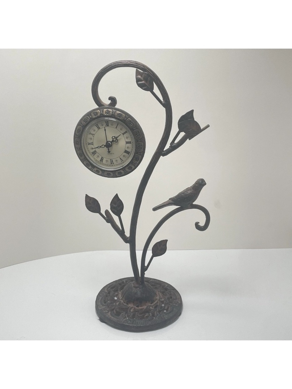 Vintage Wrought Iron Heavy Metal Clock Branches Leaves & Bird Heavy Base